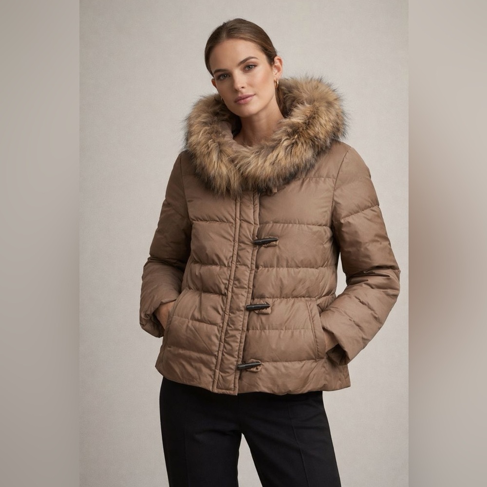 Carolina Herrera CH Womens tan Puffer duck down Jacket genuine Racoon Fur Collar